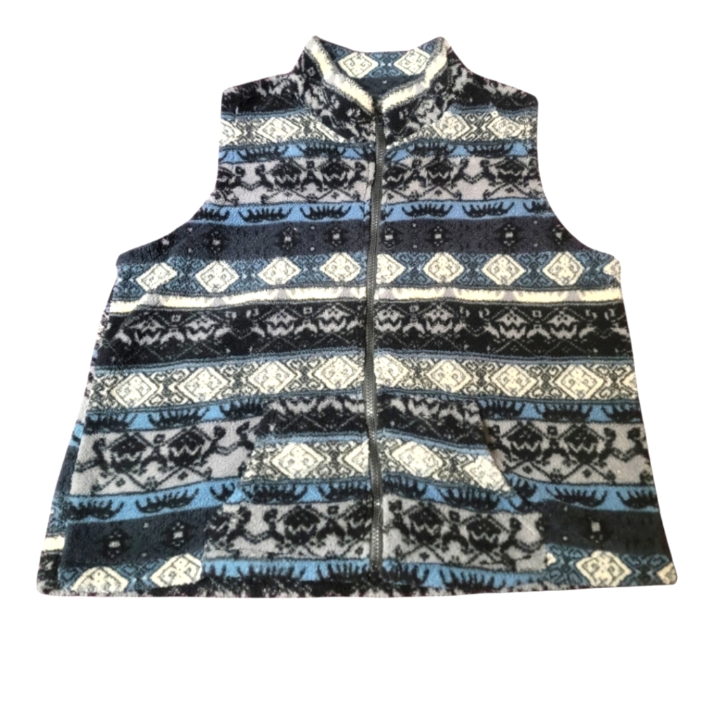 WARM CHIC GEOMETRIC ZIP-UP FLEECE VEST WITH FRONT POCKETS
